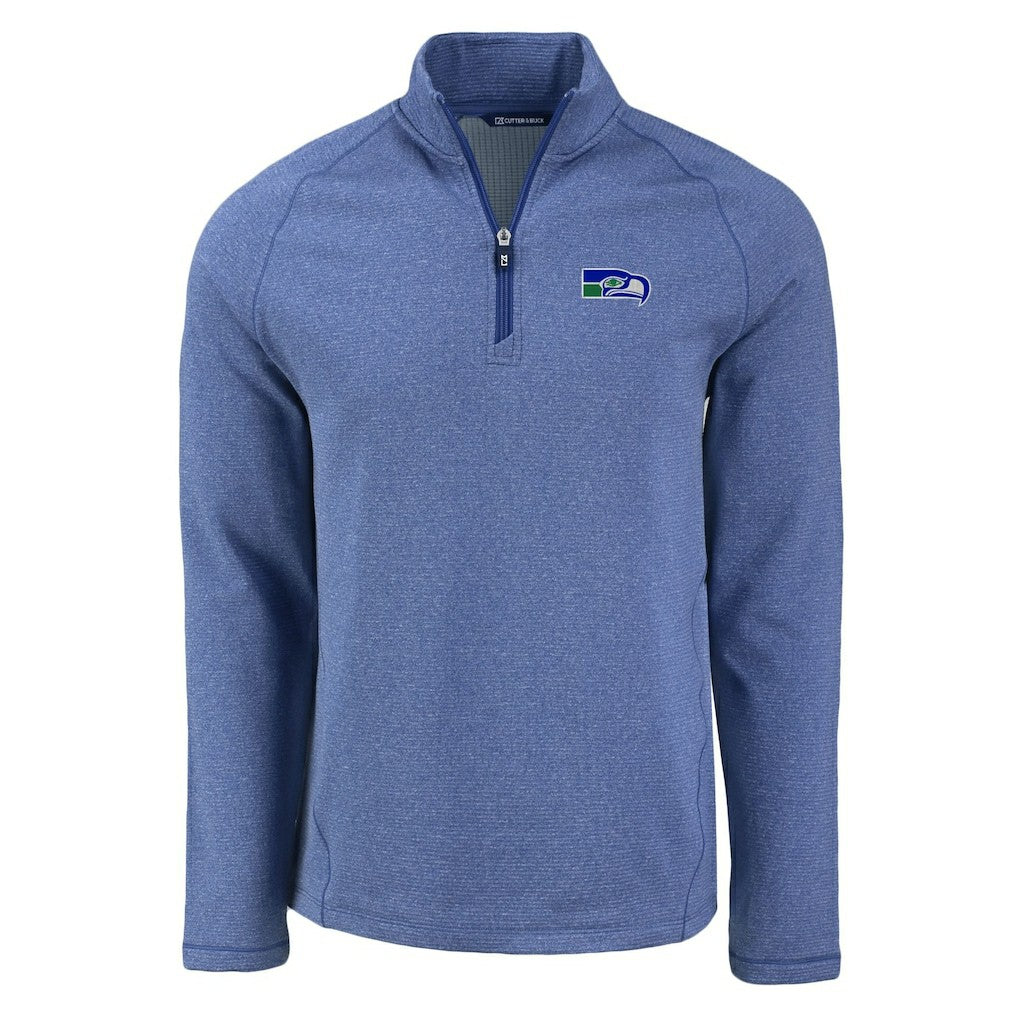 Seattle Seahawks Cutter & Buck Peshastin Eco Fleece Tri-Blend Raglan Recycled Quarter-Zip Jacket Heather Royal