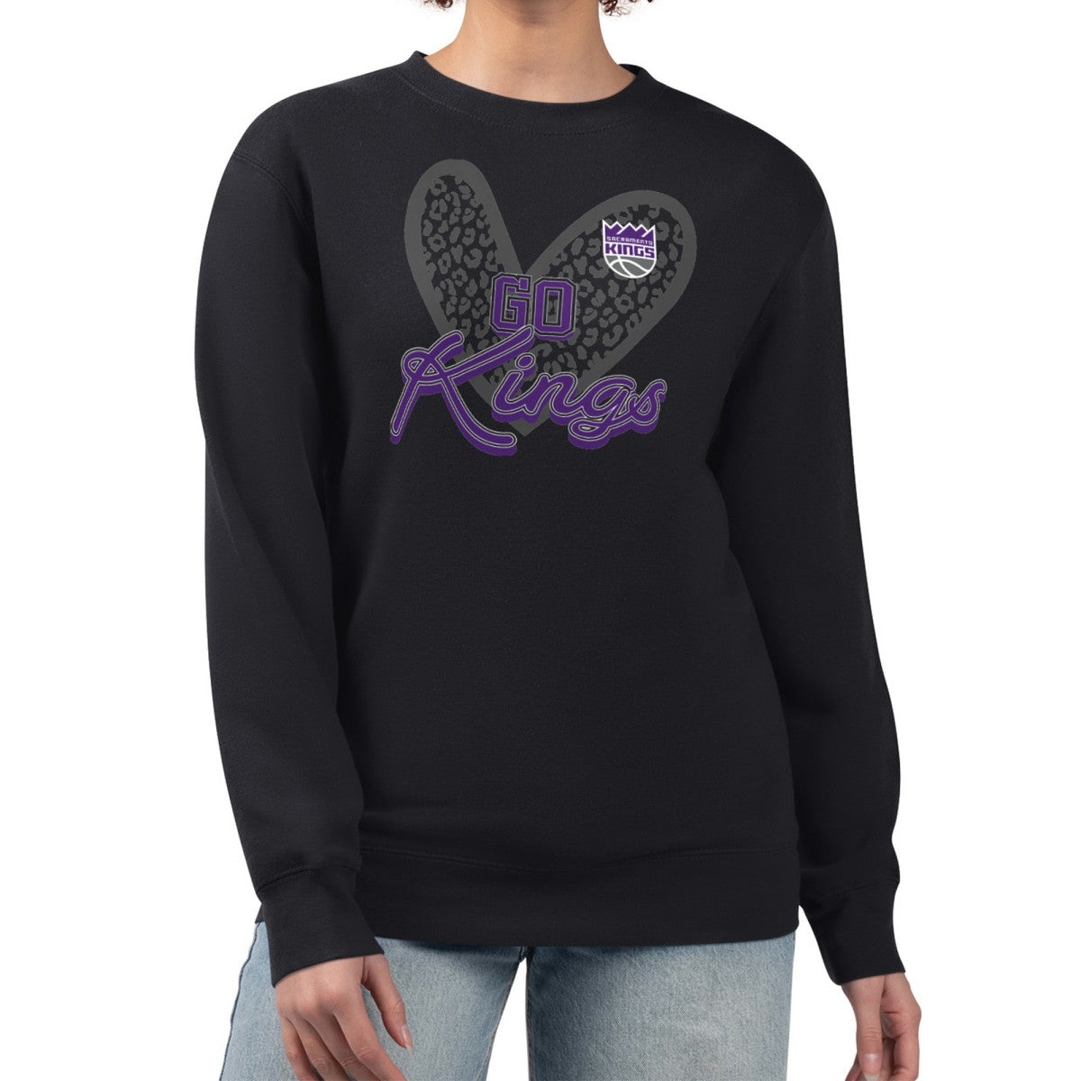 Sacramento Kings G-III 4Her by Carl Banks Women's Leopard Heart Fleece Pullover Sweatshirt Black