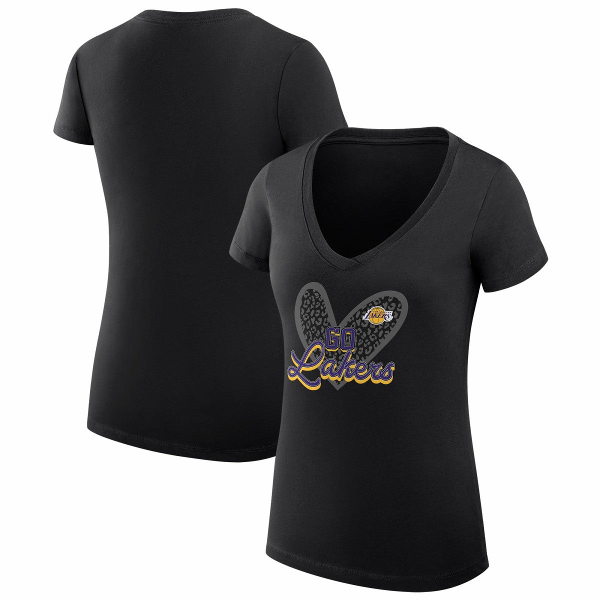 Los Angeles Lakers G-III 4Her by Carl Banks Women's Super-Slim Fit Lightweight Leopard Heart V-Neck T-Shirt Black