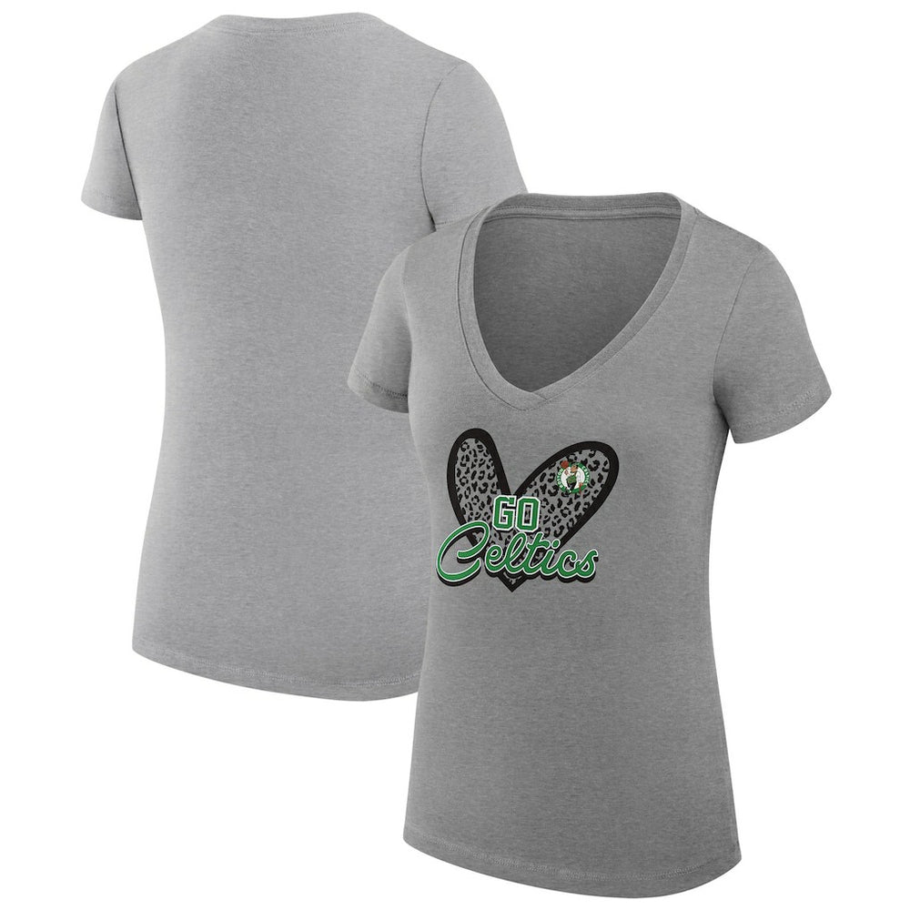 Boston Celtics G-III 4Her by Carl Banks Women's Super-Slim Fit Lightweight Leopard Heart V-Neck T-Shirt Heather Gray