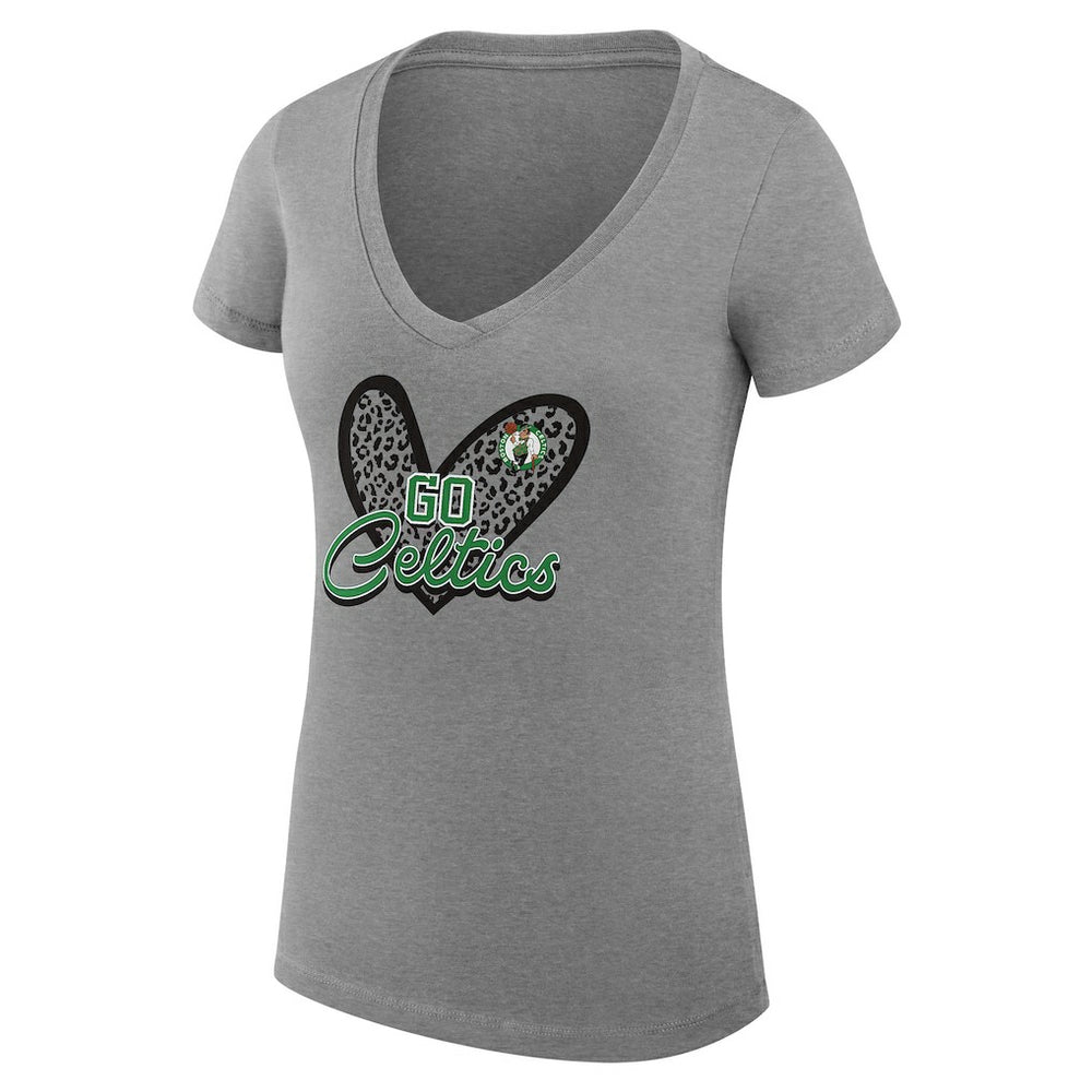 Boston Celtics G-III 4Her by Carl Banks Women's Super-Slim Fit Lightweight Leopard Heart V-Neck T-Shirt Heather Gray