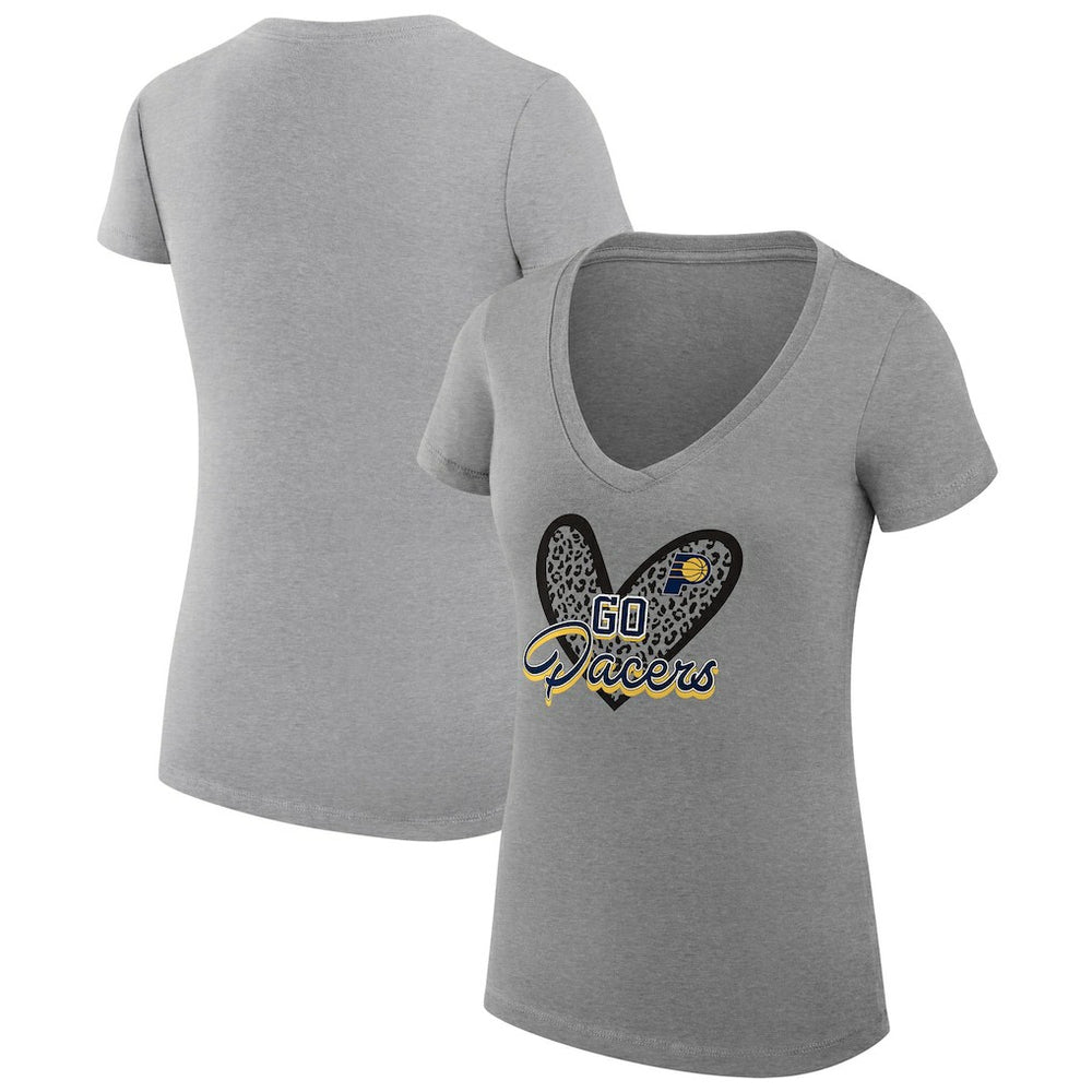 Indiana Pacers G-III 4Her by Carl Banks Women's Super-Slim Fit Lightweight Leopard Heart V-Neck T-Shirt Heather Gray