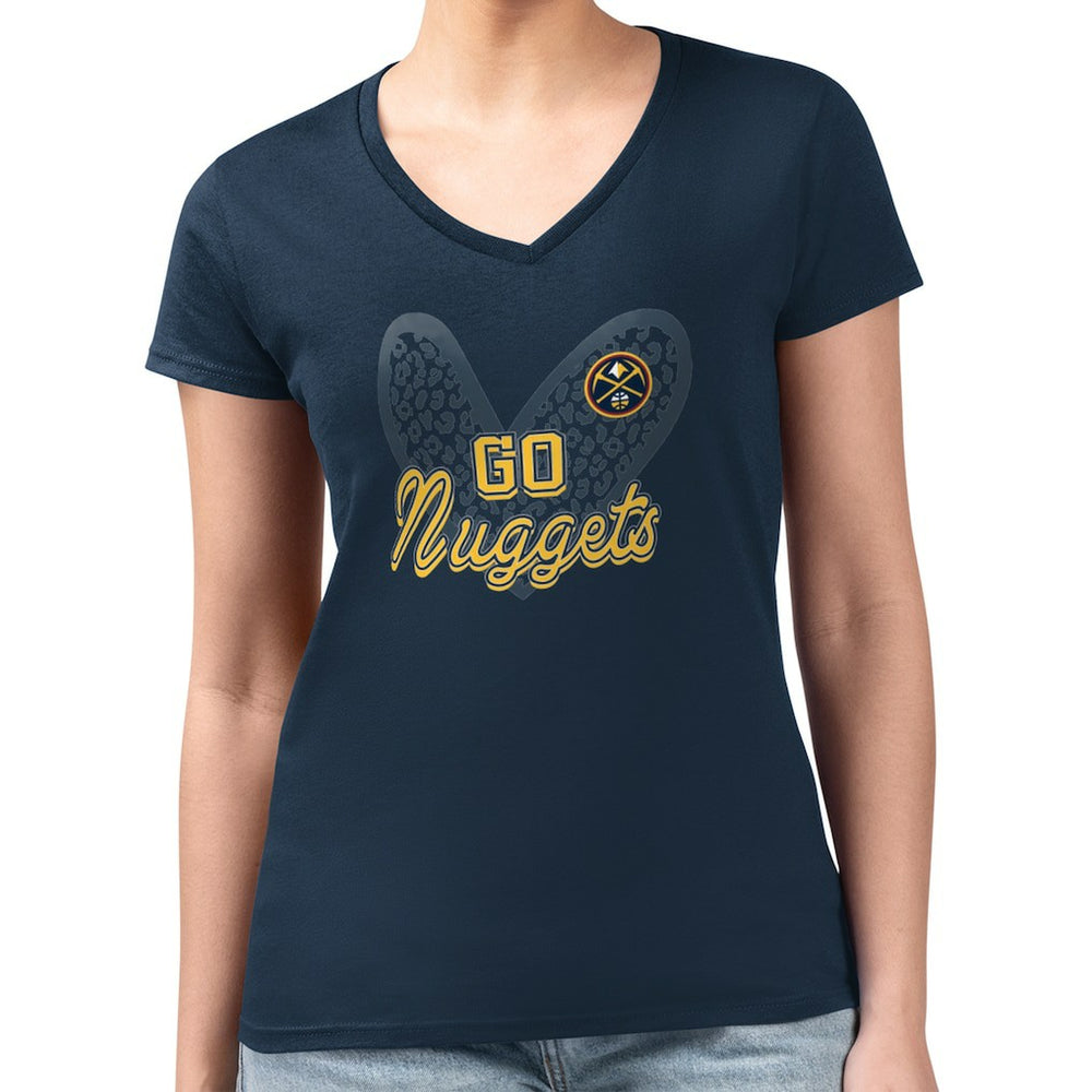 Denver Nuggets G-III 4Her by Carl Banks Women's Super-Slim Fit Lightweight Leopard Heart V-Neck T-Shirt Navy