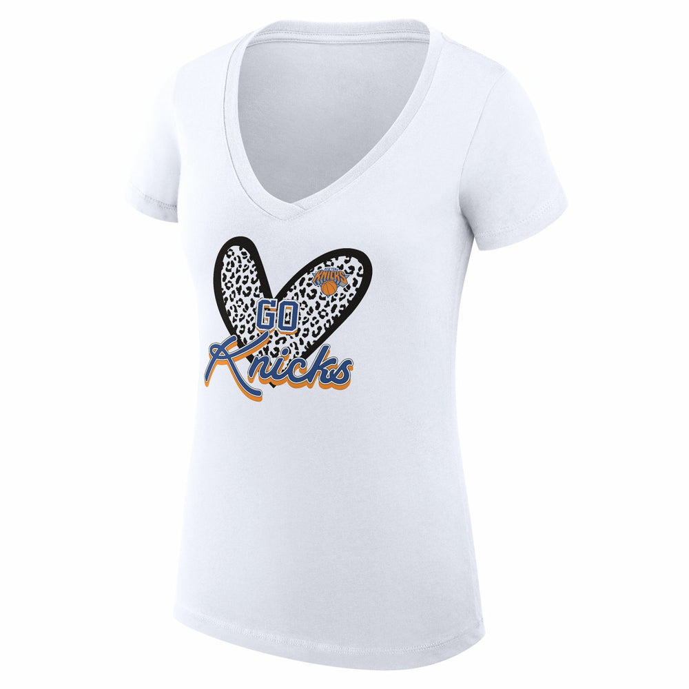 New York Knicks G-III 4Her by Carl Banks Women's Super-Slim Fit Lightweight Leopard Heart V-Neck T-Shirt White