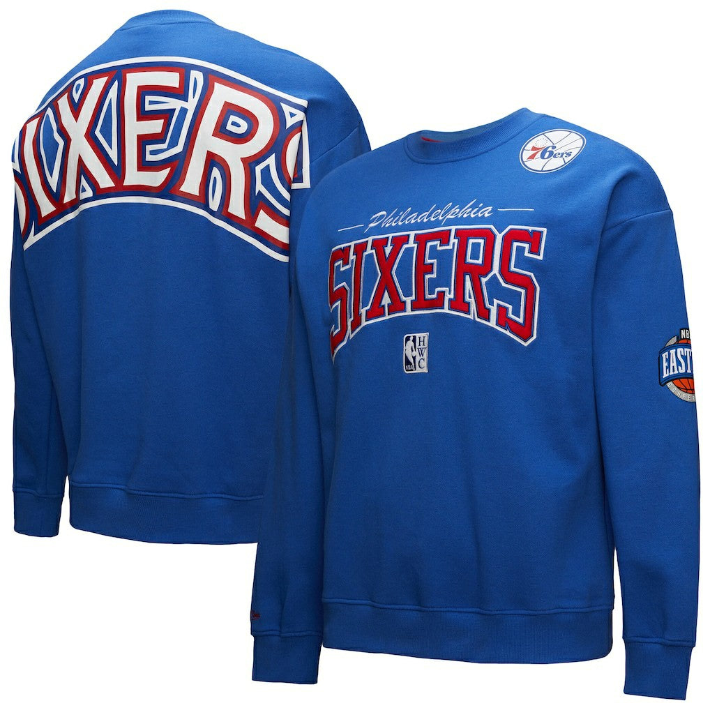 Philadelphia 76ers Hardwood Classics There & Back 2.0 Vintage Pullover Sweatshirt Royal | Mitchell & Ness Near Me