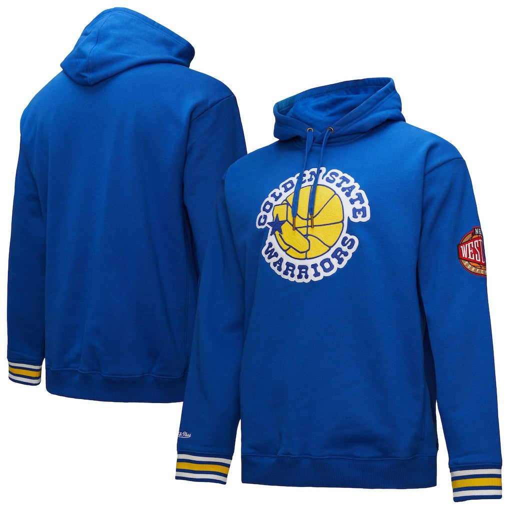 Golden State Warriors Chainstitch Applique Vintage Heavyweight Pullover Hoodie for sale Royal | Mitchell & Ness