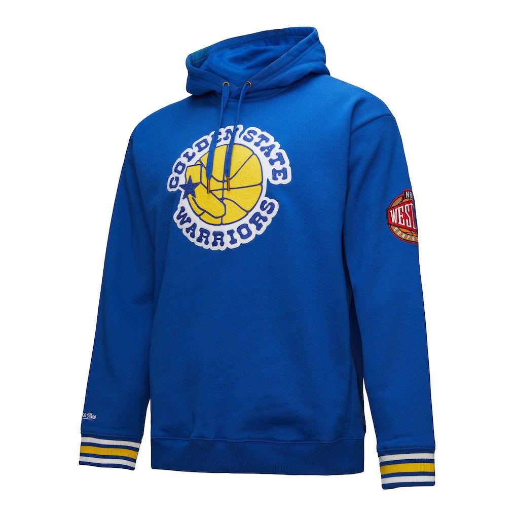 Golden State Warriors Chainstitch Applique Vintage Heavyweight Pullover Hoodie for sale Royal | Mitchell & Ness