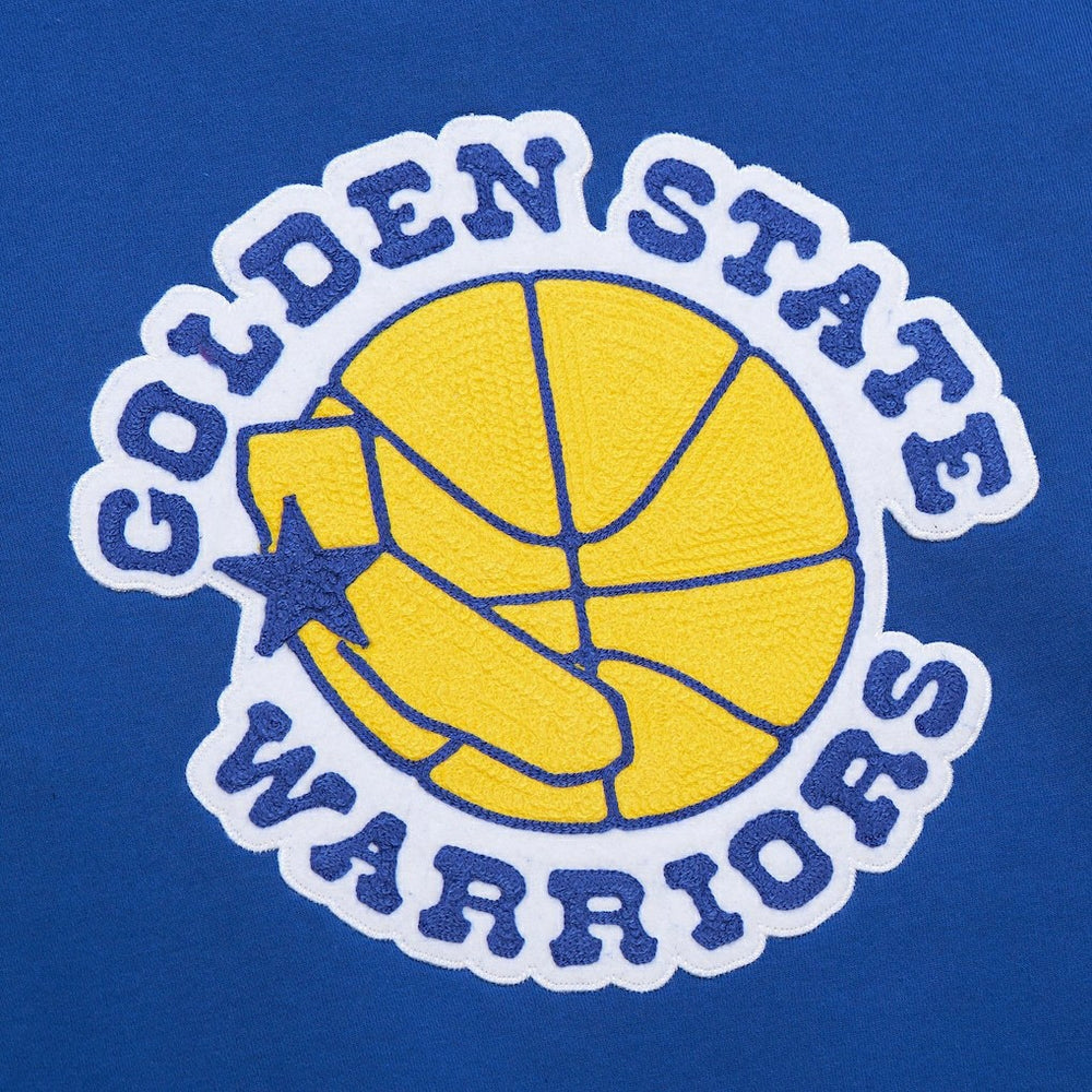 Golden State Warriors Chainstitch Applique Vintage Heavyweight Pullover Hoodie for sale Royal | Mitchell & Ness
