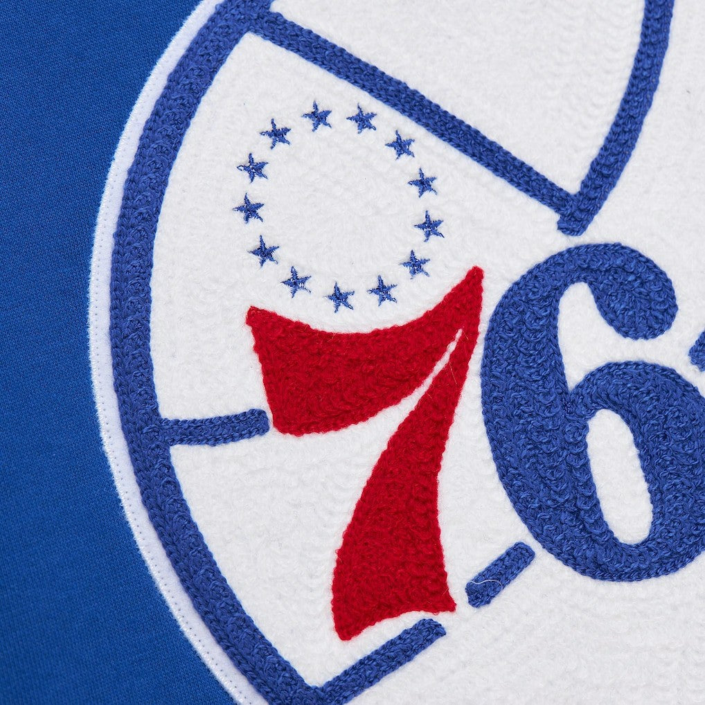 Philadelphia 76ers Chainstitch Applique Vintage Heavyweight Pullover Hoodie Royal | Mitchell & Ness for sale