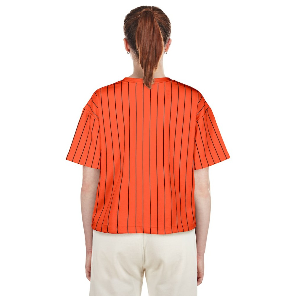 San Francisco Giants New Era Women's 2025 City Connect Boxy Pinstripe T-Shirt - Orange - New Era Lifestyle