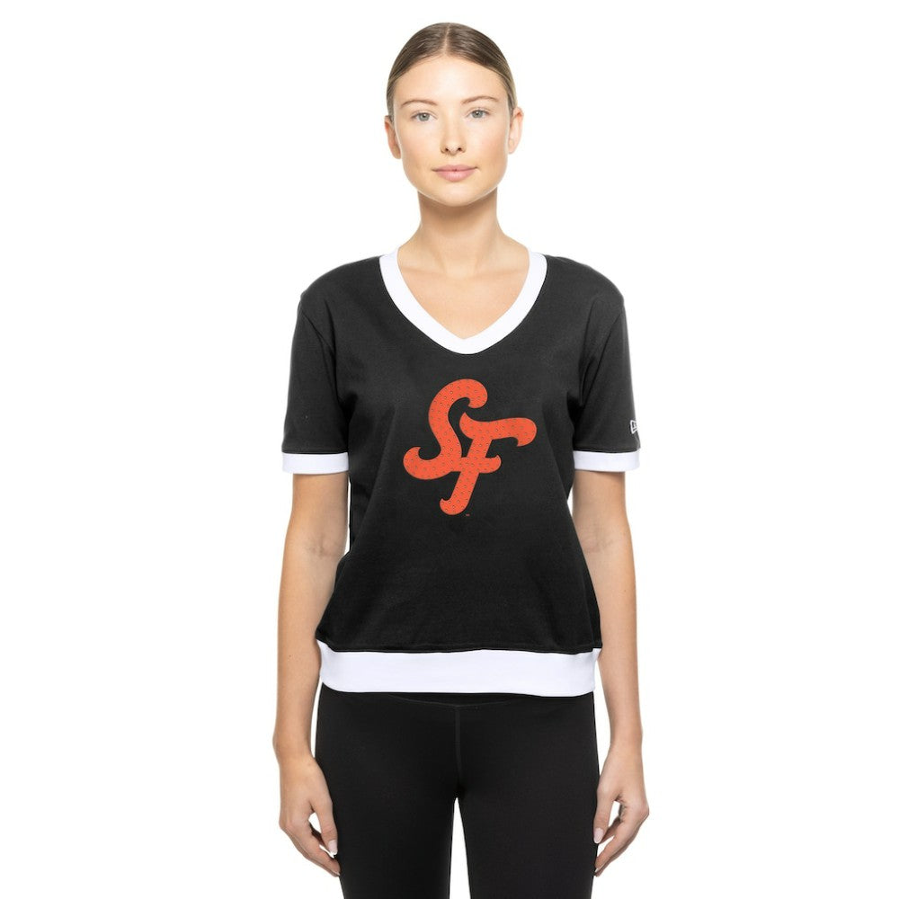 San Francisco Giants New Era Women's 2025 City Connect Rhinestone V-Neck T-Shirt - Black - New Era Discount