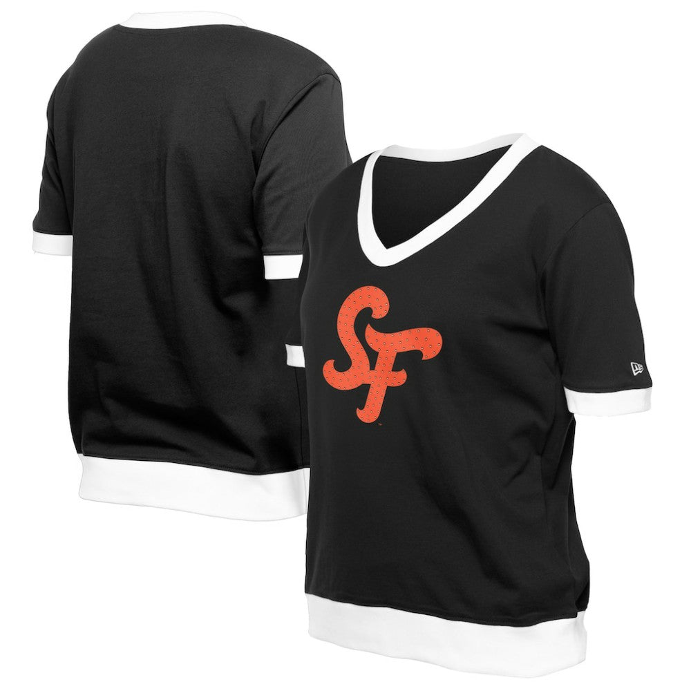 San Francisco Giants New Era Women's 2025 City Connect Rhinestone V-Neck T-Shirt - Black - New Era Discount