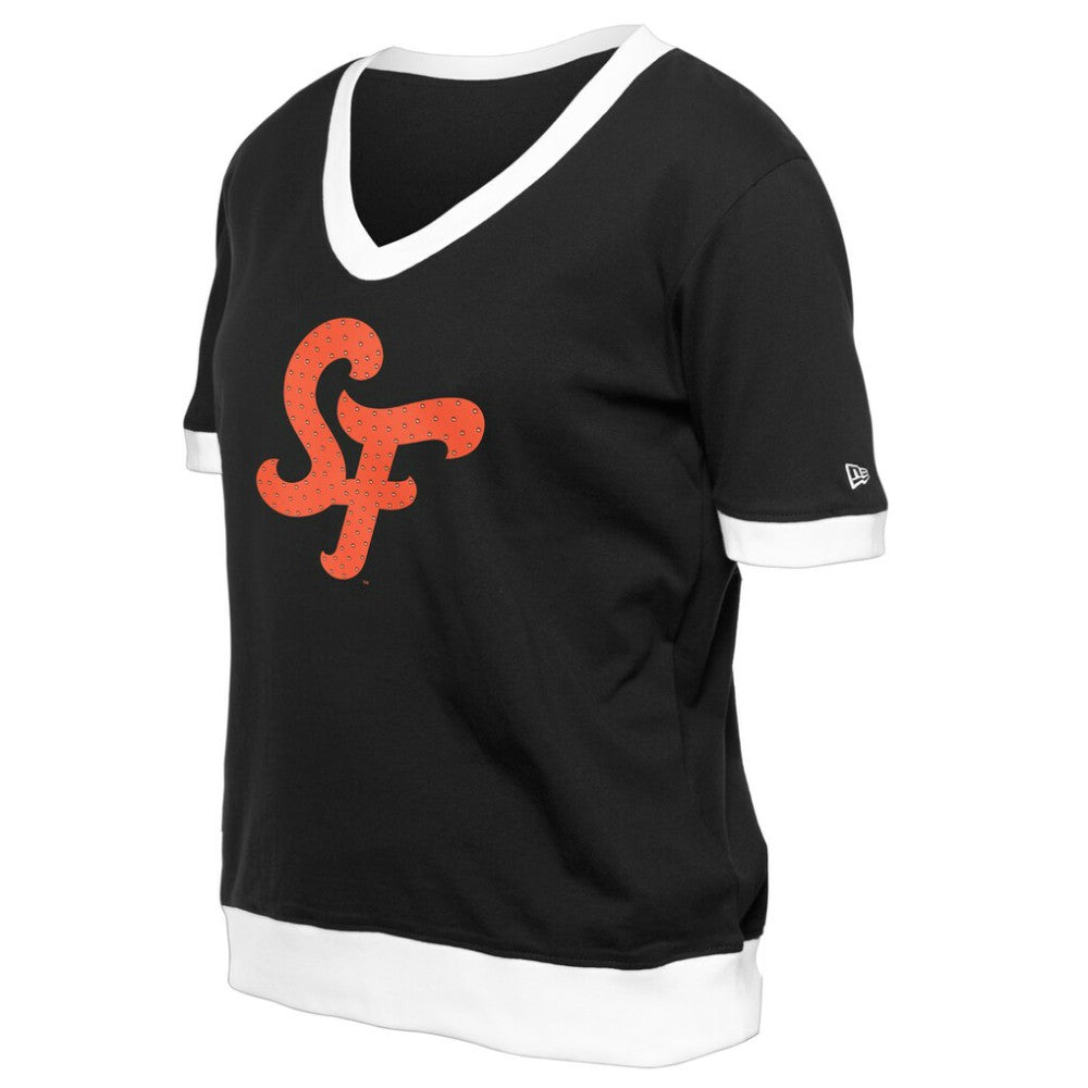 San Francisco Giants New Era Women's 2025 City Connect Rhinestone V-Neck T-Shirt - Black - New Era Discount