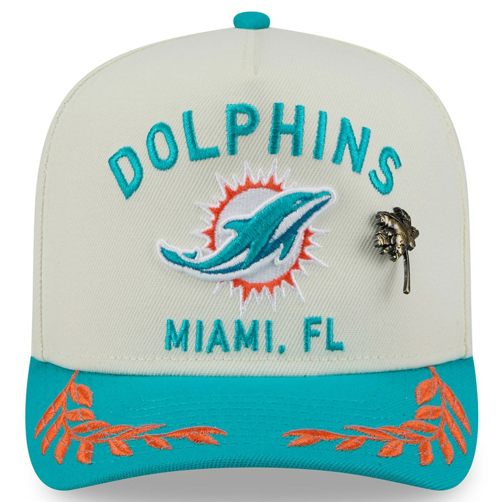 Miami Dolphins New Era 2025 NFL Draft A-Frame 59FIFTY Fitted Hat Cream/Aqua