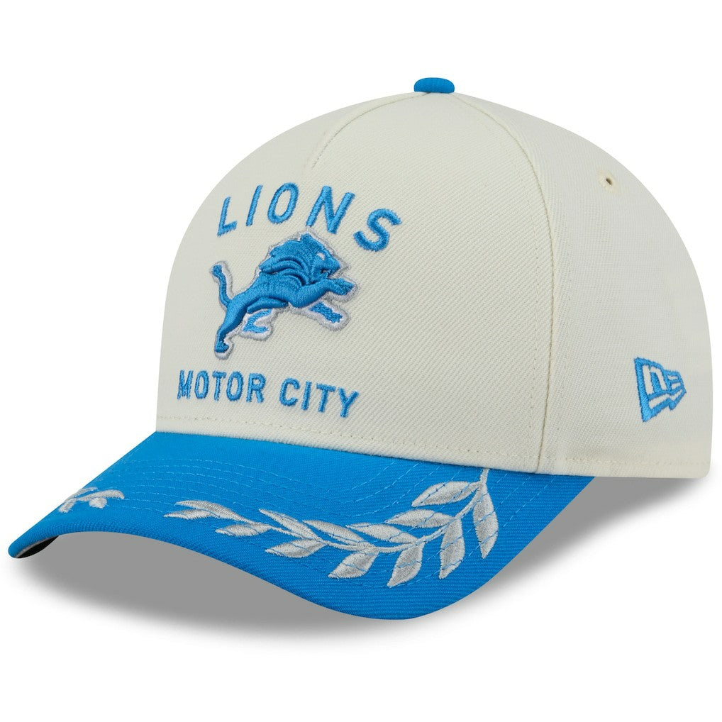 Detroit Lions New Era 2025 NFL Draft 9FORTY A-Frame M-Crown Adjustable Hat Cream/Blue
