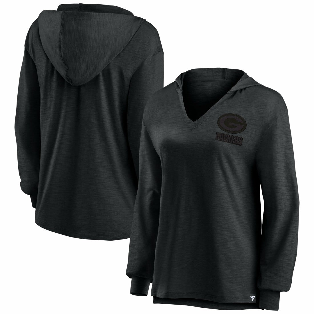 Fanatics Green Bay Packers Women's Blackout Slub Hoodie V-Neck Long Sleeve T-Shirt