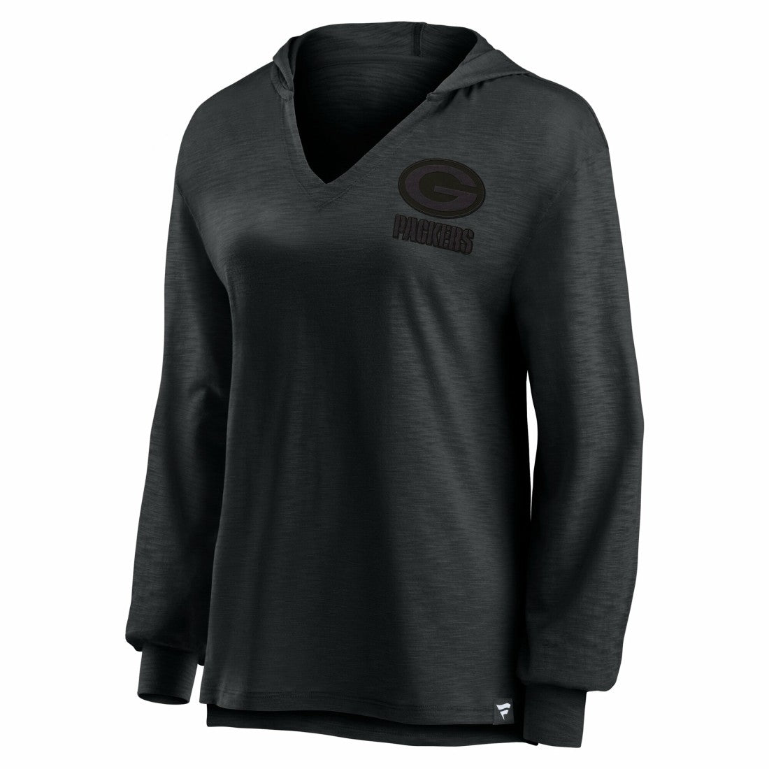Fanatics Green Bay Packers Women's Blackout Slub Hoodie V-Neck Long Sleeve T-Shirt