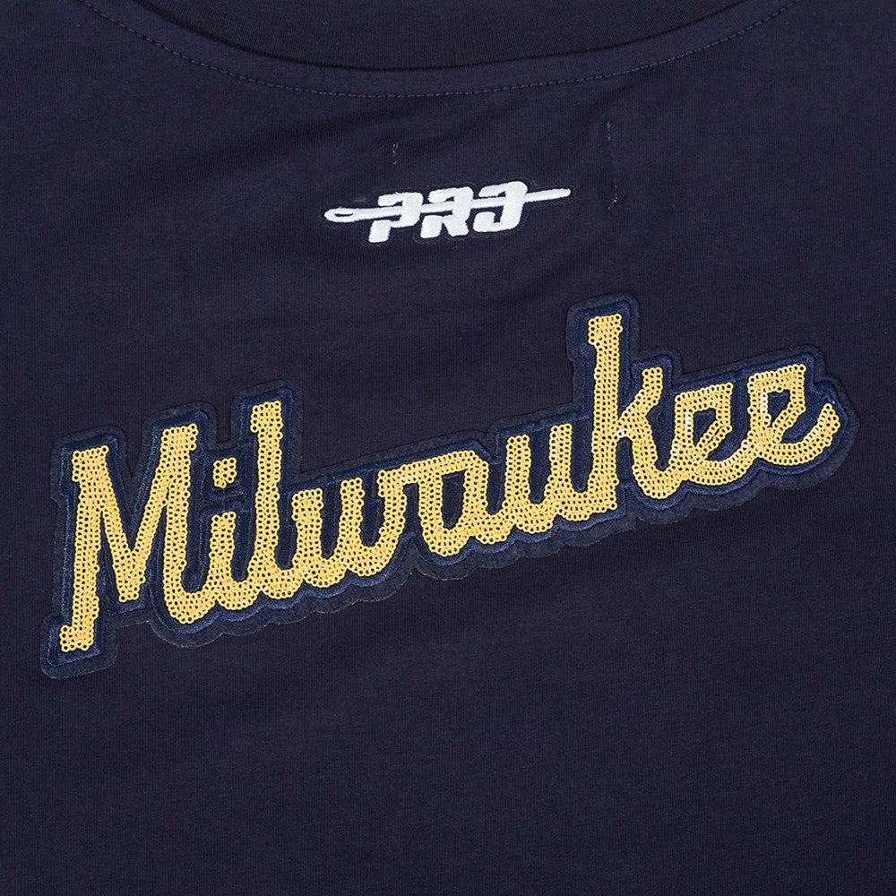 Milwaukee Brewers Pro Standard Women's Game Day Classics Baby Doll Cropped T-Shirt - Navy - MLB Discount