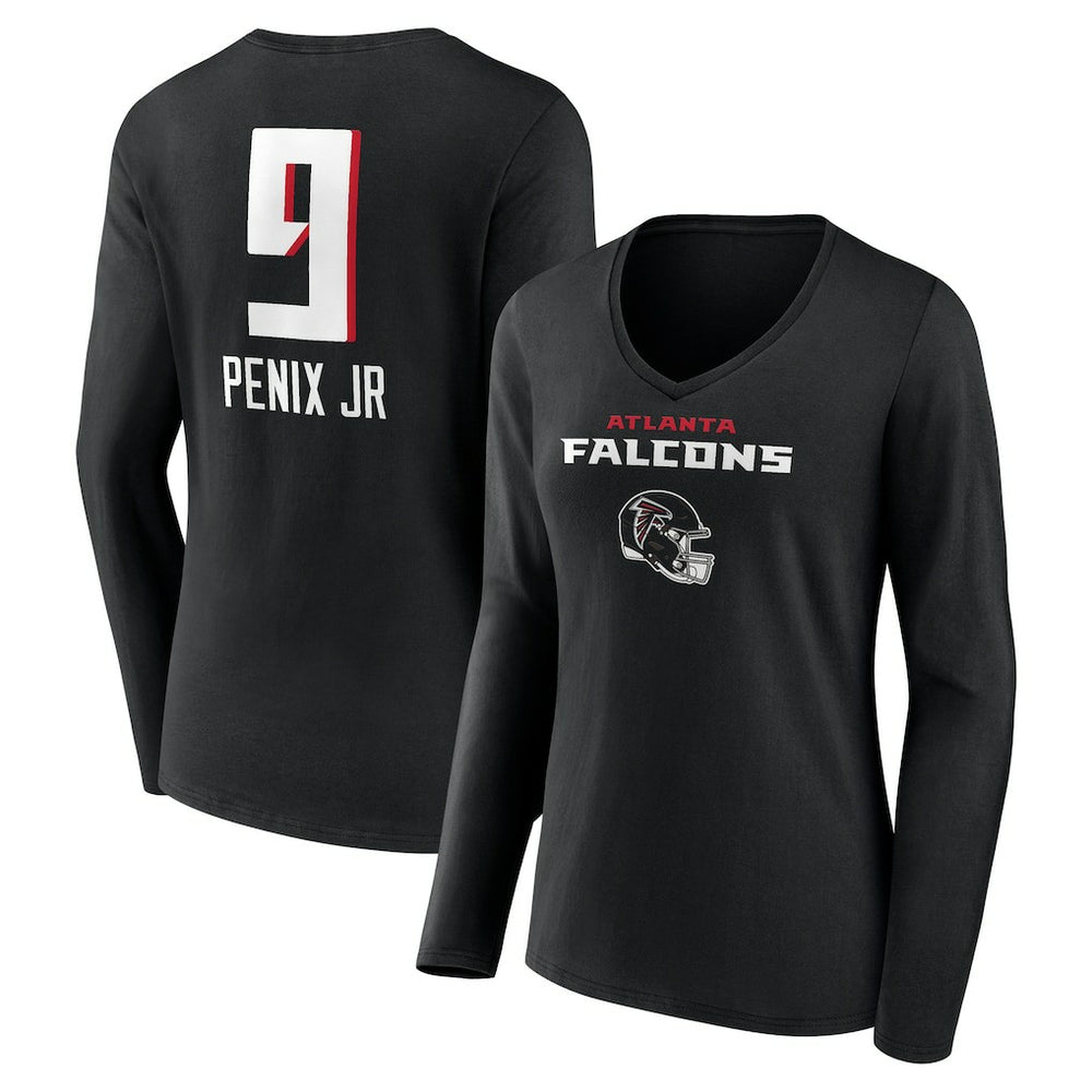 Michael Penix Jr. Atlanta Falcons Women's Name & Number Team Wordmark Long Sleeve V-Neck T-Shirt Black