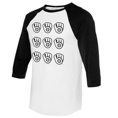 Milwaukee Brewers Tiny Turnip Women's Logo Grid 3/4 Sleeve Raglan T-Shirt - White/Black - MLB Lifestyle