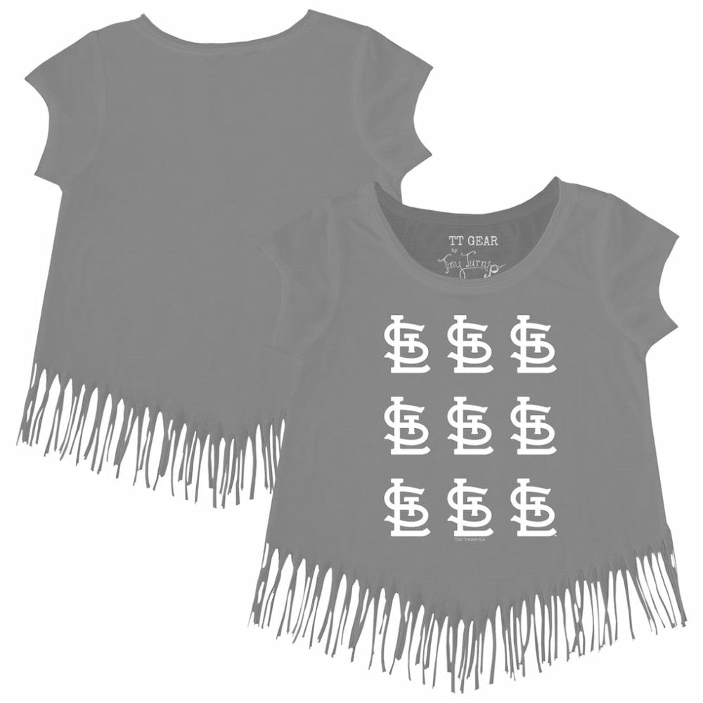 St. Louis Cardinals Tiny Turnip Girls Youth Logo Grid Fringe T-Shirt - Gray - MLB on Sale