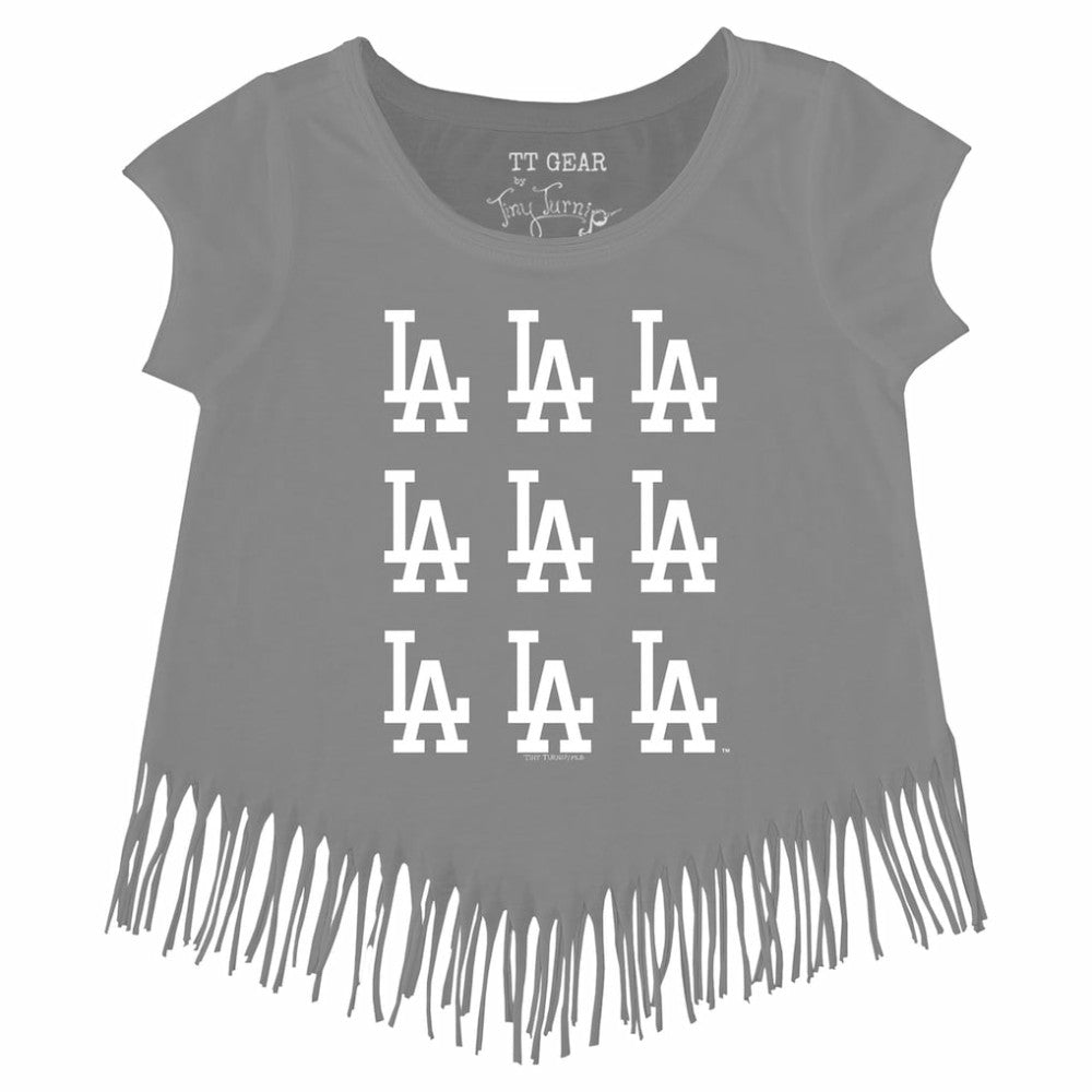 Los Angeles Dodgers Tiny Turnip Girls Youth Logo Grid Fringe T-Shirt - Gray - MLB Discount