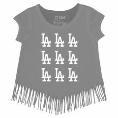 Los Angeles Dodgers Tiny Turnip Girls Youth Logo Grid Fringe T-Shirt - Gray - MLB Discount