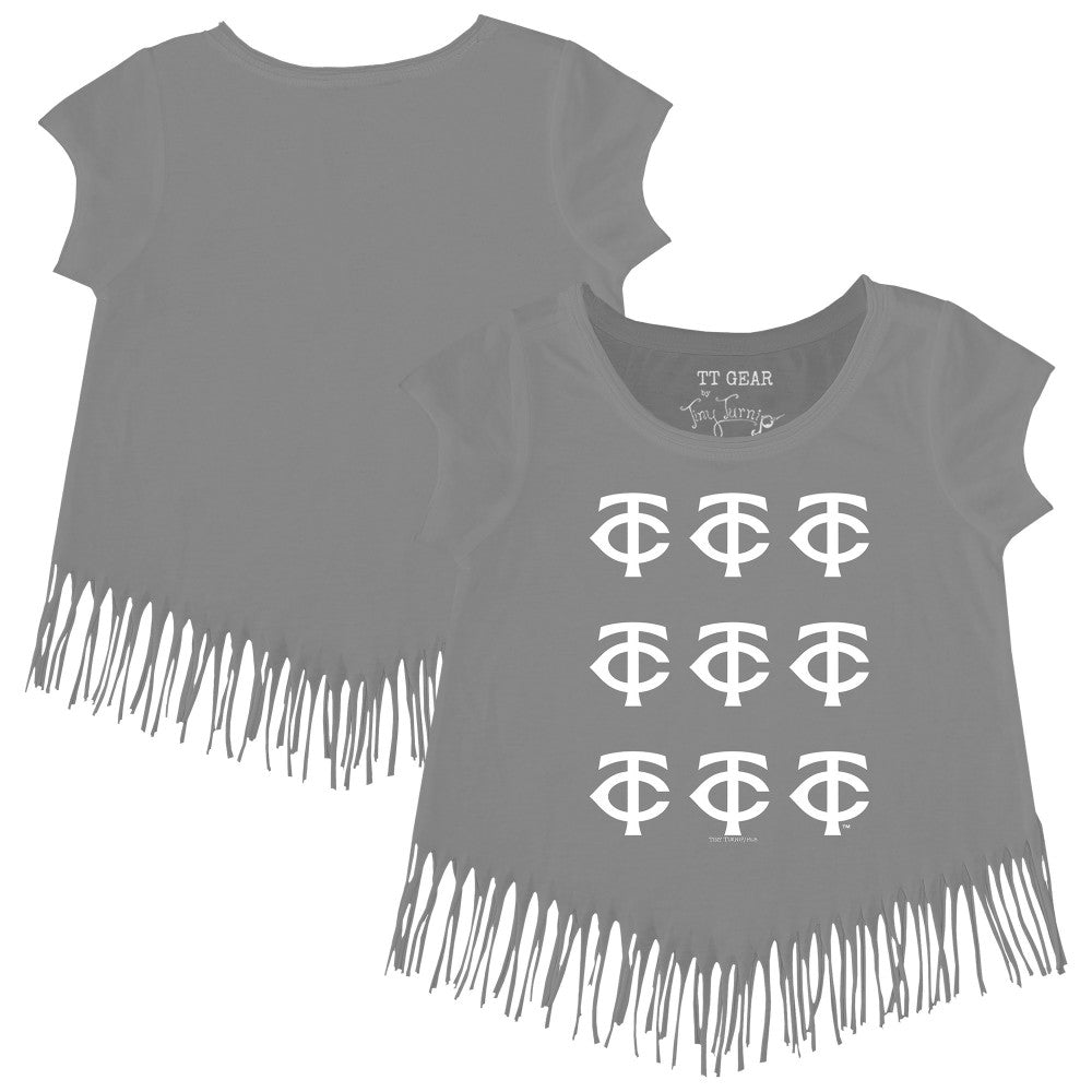 Minnesota Twins Tiny Turnip Girls Youth Logo Grid Fringe T-Shirt - Gray - MLB Discount