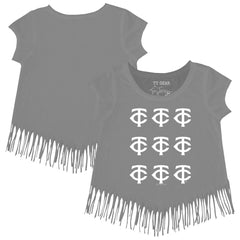 Minnesota Twins Tiny Turnip Girls Youth Logo Grid Fringe T-Shirt - Gray - MLB Discount