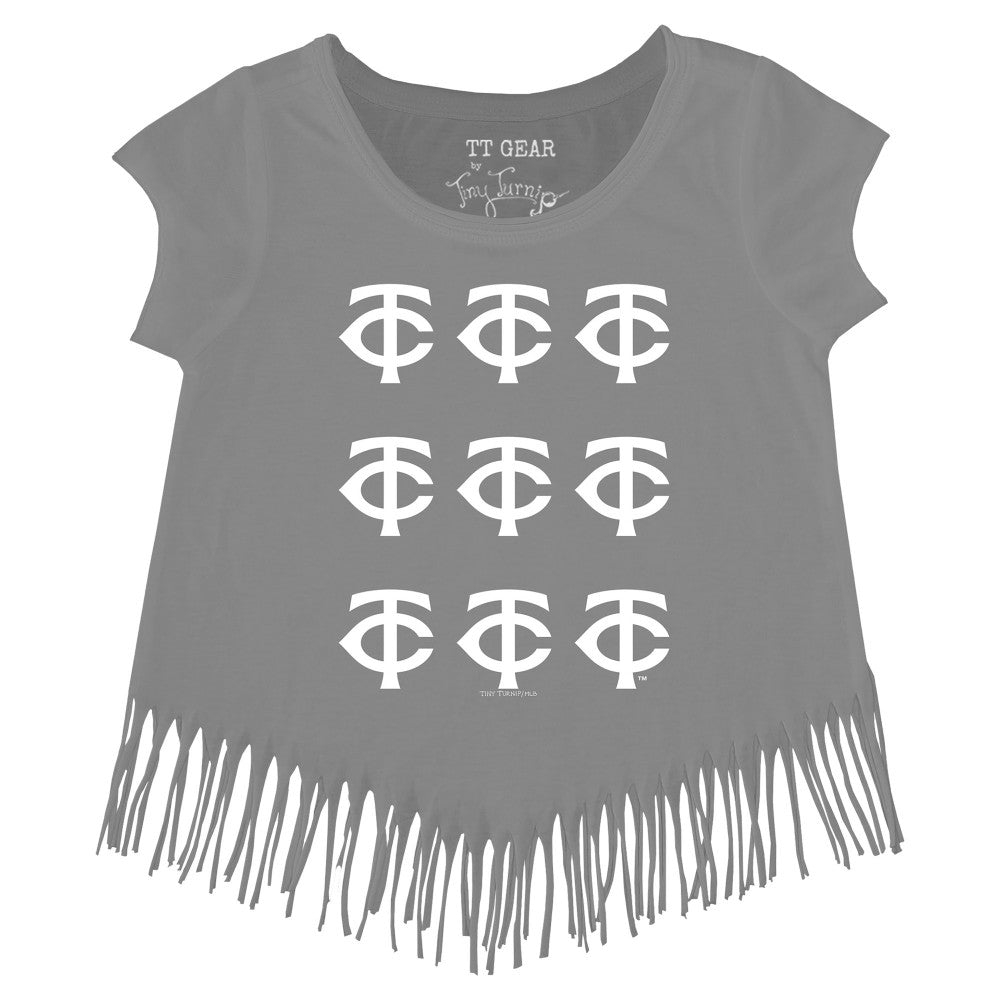 Minnesota Twins Tiny Turnip Girls Youth Logo Grid Fringe T-Shirt - Gray - MLB Discount