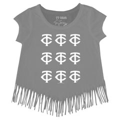 Minnesota Twins Tiny Turnip Girls Youth Logo Grid Fringe T-Shirt - Gray - MLB Discount