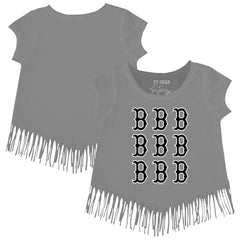 Boston Red Sox Tiny Turnip Girls Youth Logo Grid Fringe T-Shirt - Gray - MLB Sale