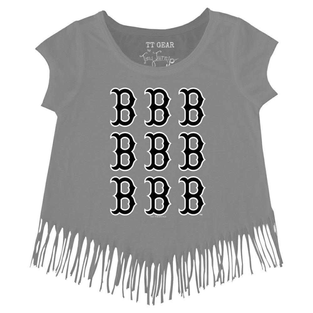 Boston Red Sox Tiny Turnip Girls Youth Logo Grid Fringe T-Shirt - Gray - MLB Sale