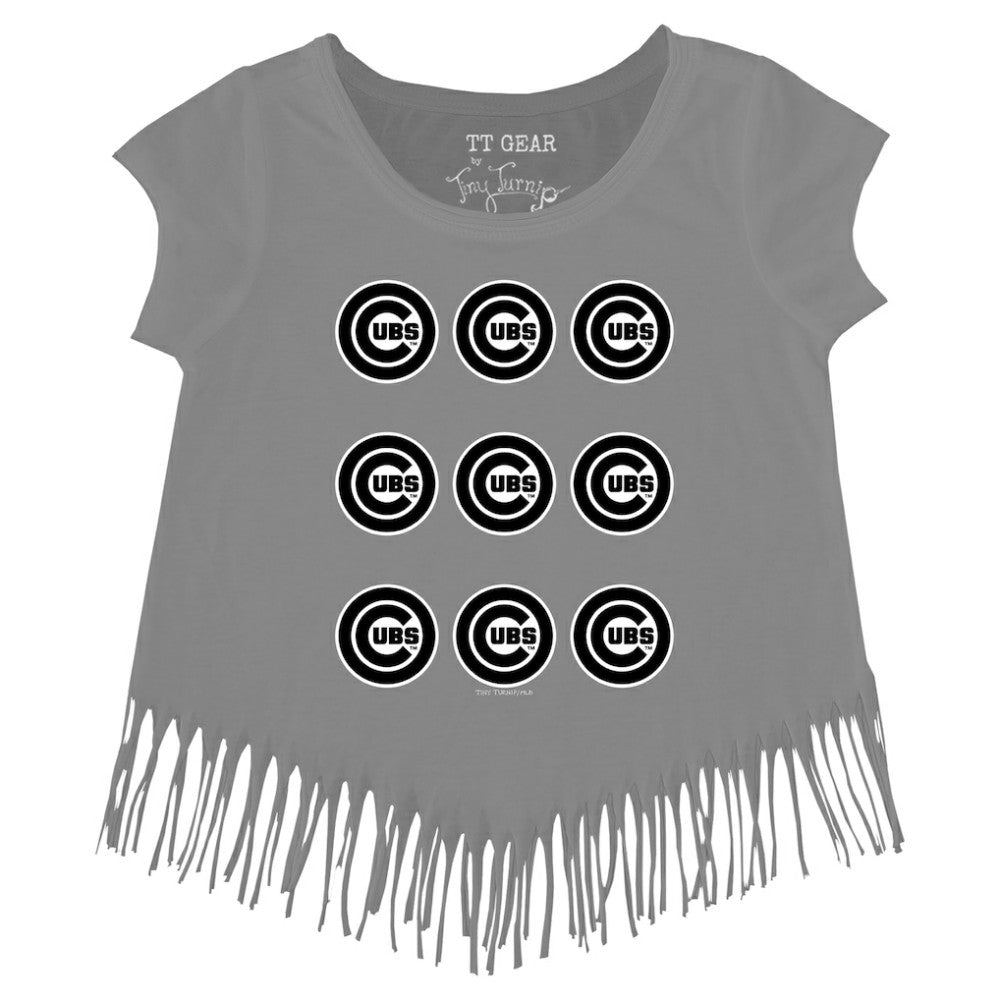 Chicago Cubs Tiny Turnip Girls Youth Logo Grid Fringe T-Shirt - Gray - MLB on Sale