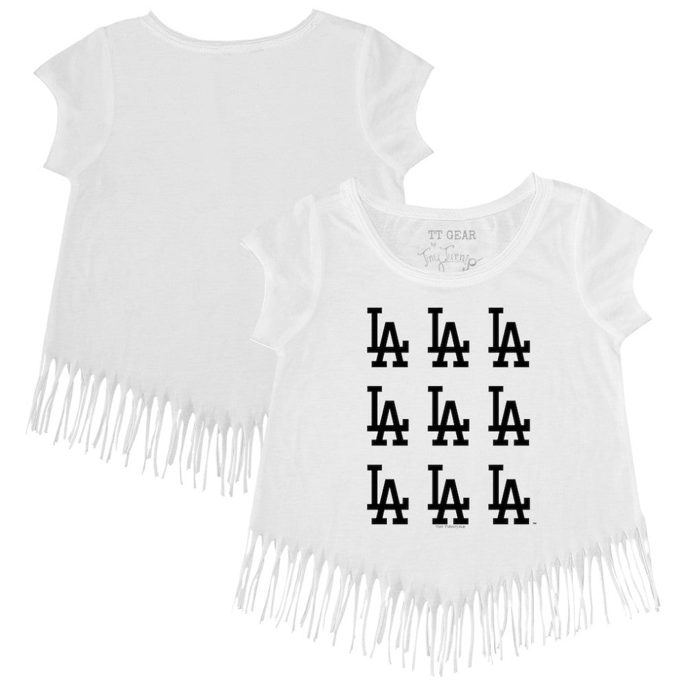 Los Angeles Dodgers Tiny Turnip Girls Youth Logo Grid Fringe T-Shirt - White - MLB on Sale