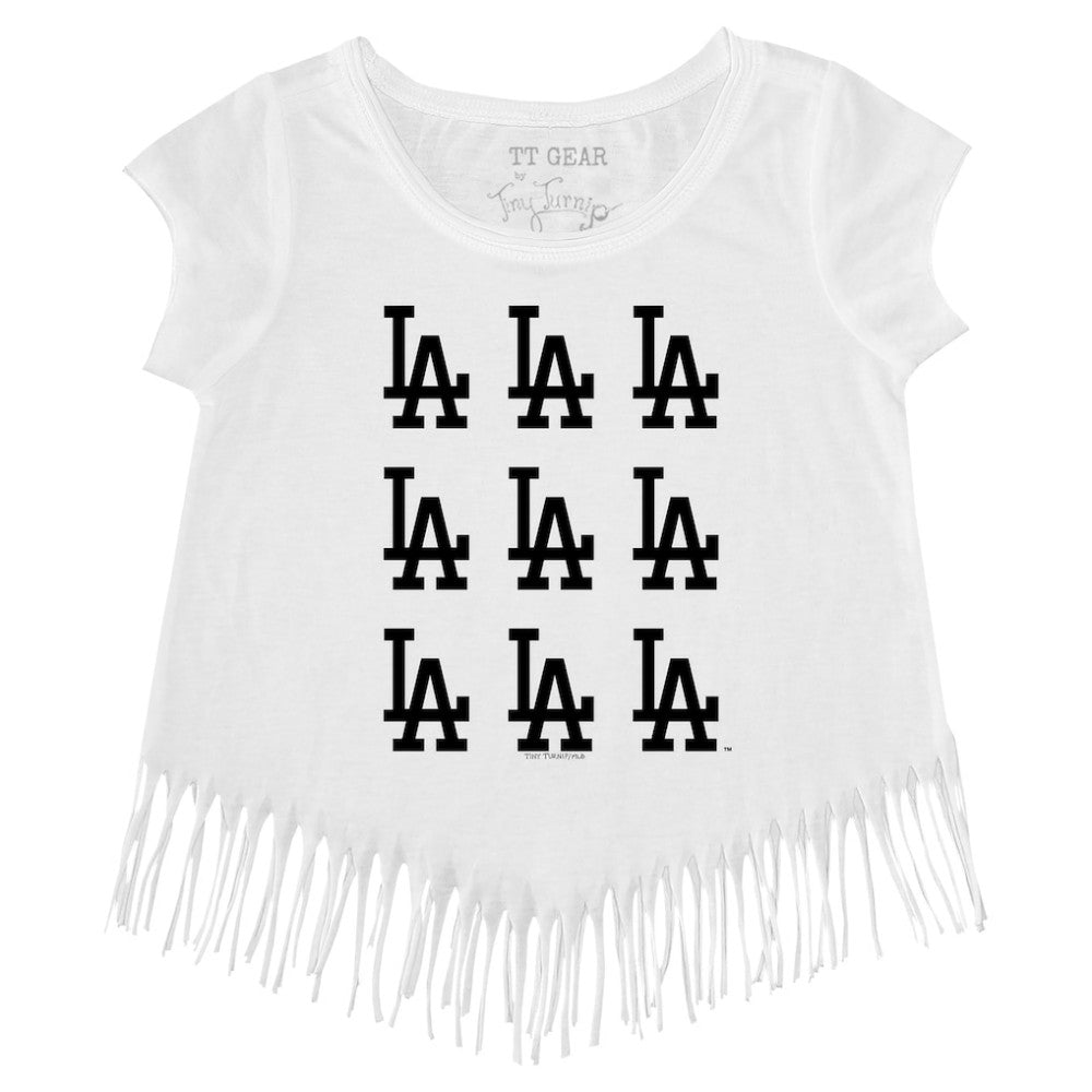 Los Angeles Dodgers Tiny Turnip Girls Youth Logo Grid Fringe T-Shirt - White - MLB on Sale