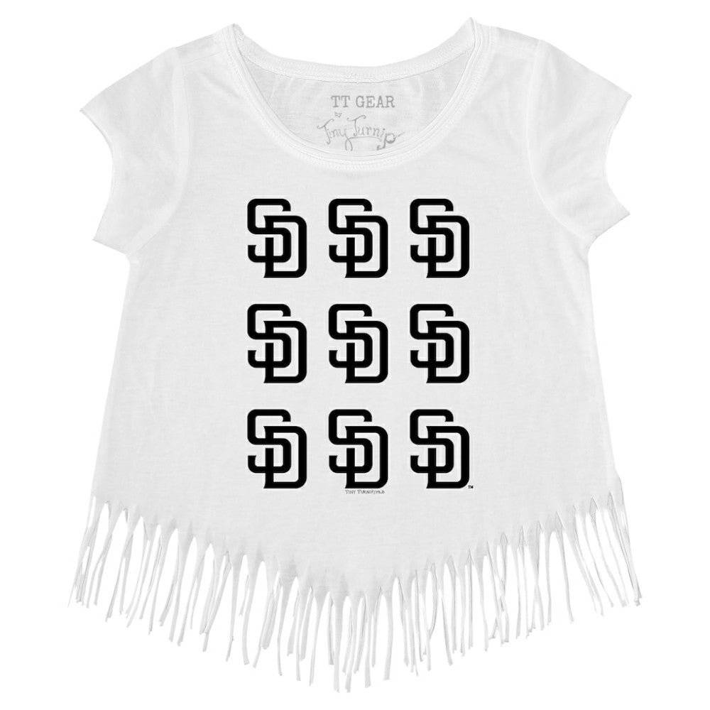 San Diego Padres Tiny Turnip Girls Youth Logo Grid Fringe T-Shirt - White - MLB on Sale