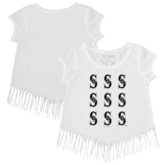 Seattle Mariners Tiny Turnip Girls Youth Logo Grid Fringe T-Shirt - White - MLB Sale
