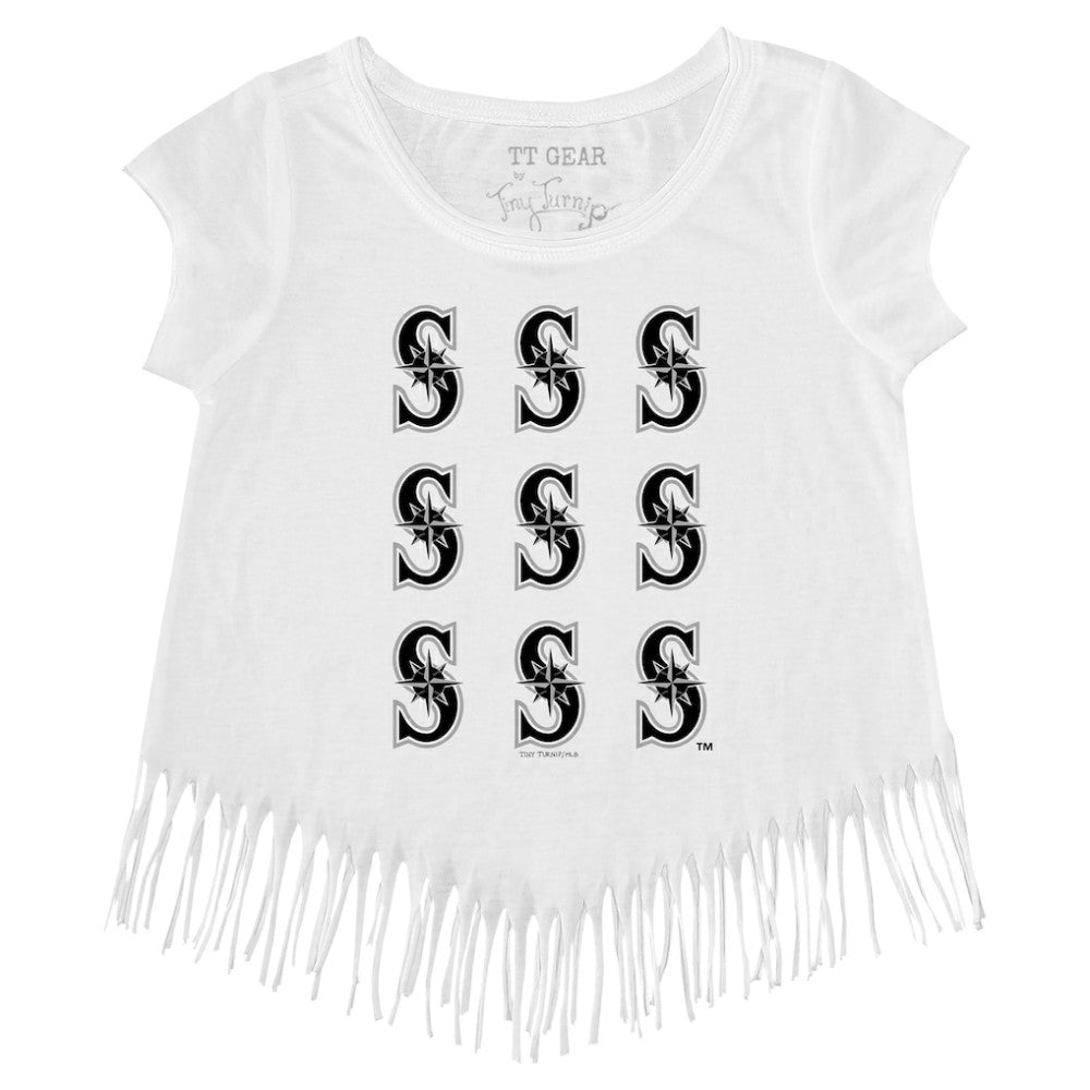 Seattle Mariners Tiny Turnip Girls Youth Logo Grid Fringe T-Shirt - White - MLB Sale
