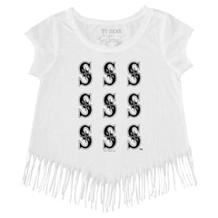 Seattle Mariners Tiny Turnip Girls Youth Logo Grid Fringe T-Shirt - White - MLB Sale