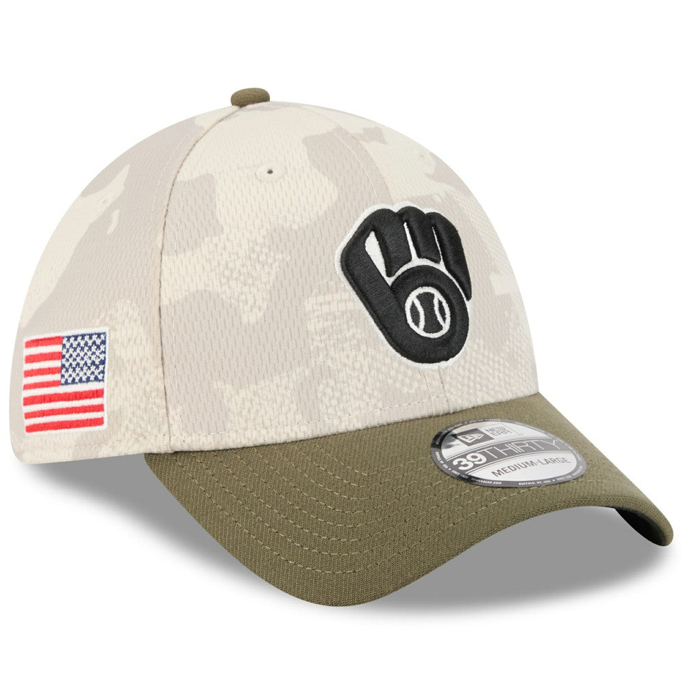 Milwaukee Brewers New Era 2025 Armed Forces Day 39THIRTY Flex Hat - Light Beige/Olive - New Era Discount