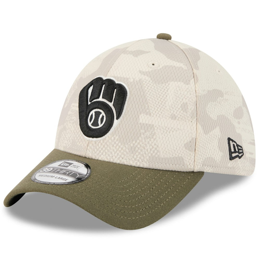 Milwaukee Brewers New Era 2025 Armed Forces Day 39THIRTY Flex Hat - Light Beige/Olive - New Era Discount