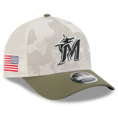 Miami Marlins New Era 2025 Armed Forces Day 9FORTY M-Crown A-Frame Adjustable Hat - Light Beige/Olive - New Era Lifestyle
