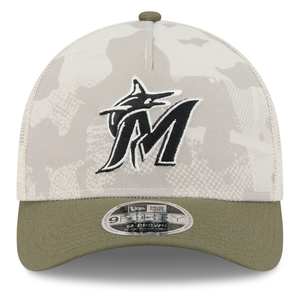 Miami Marlins New Era 2025 Armed Forces Day 9FORTY M-Crown A-Frame Adjustable Hat - Light Beige/Olive - New Era Lifestyle