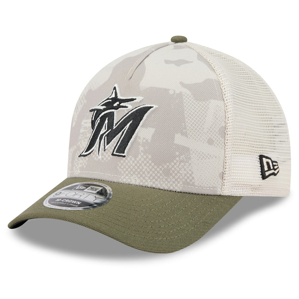 Miami Marlins New Era 2025 Armed Forces Day 9FORTY M-Crown A-Frame Adjustable Hat - Light Beige/Olive - New Era Lifestyle
