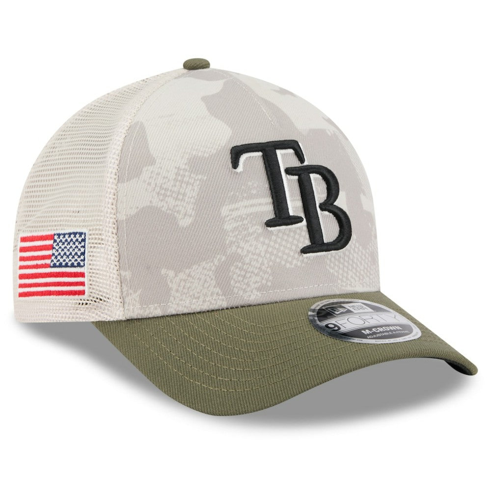 Tampa Bay Rays New Era 2025 Armed Forces Day 9FORTY M-Crown A-Frame Adjustable Hat - Light Beige/Olive - New Era Online