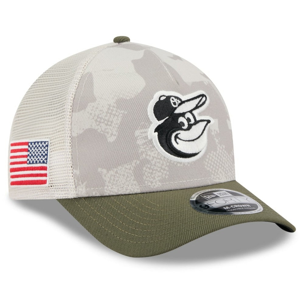 Baltimore Orioles New Era 2025 Armed Forces Day 9FORTY M-Crown A-Frame Adjustable Hat - Light Beige/Olive - New Era Lifestyle