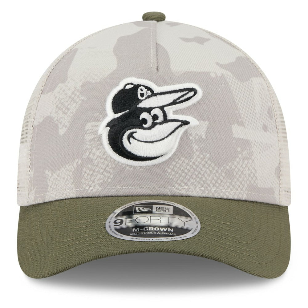 Baltimore Orioles New Era 2025 Armed Forces Day 9FORTY M-Crown A-Frame Adjustable Hat - Light Beige/Olive - New Era Lifestyle