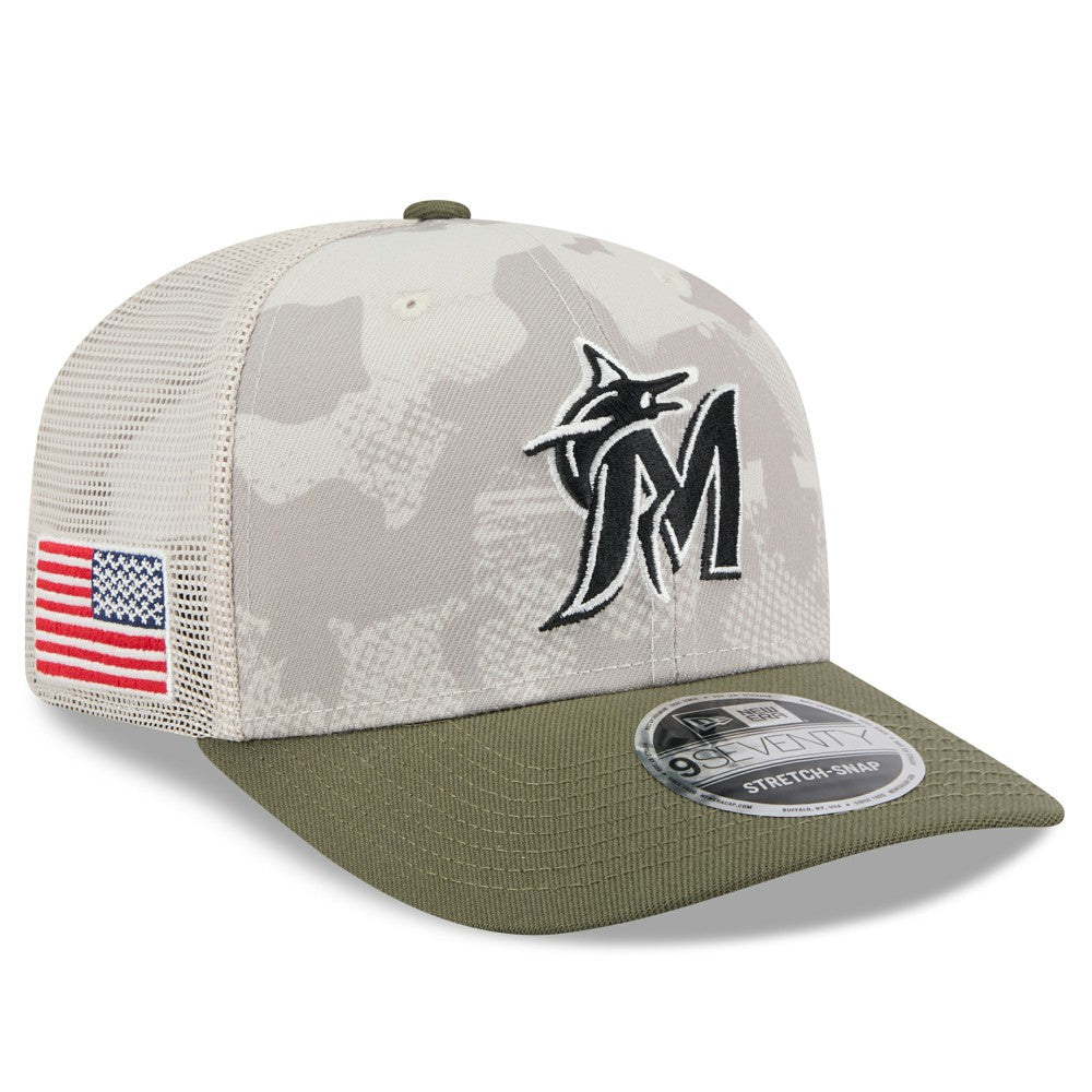 Miami Marlins New Era 2025 Armed Forces Day 9SEVENTY Stretch-Snap Hat - Light Beige/Olive - New Era Lifestyle