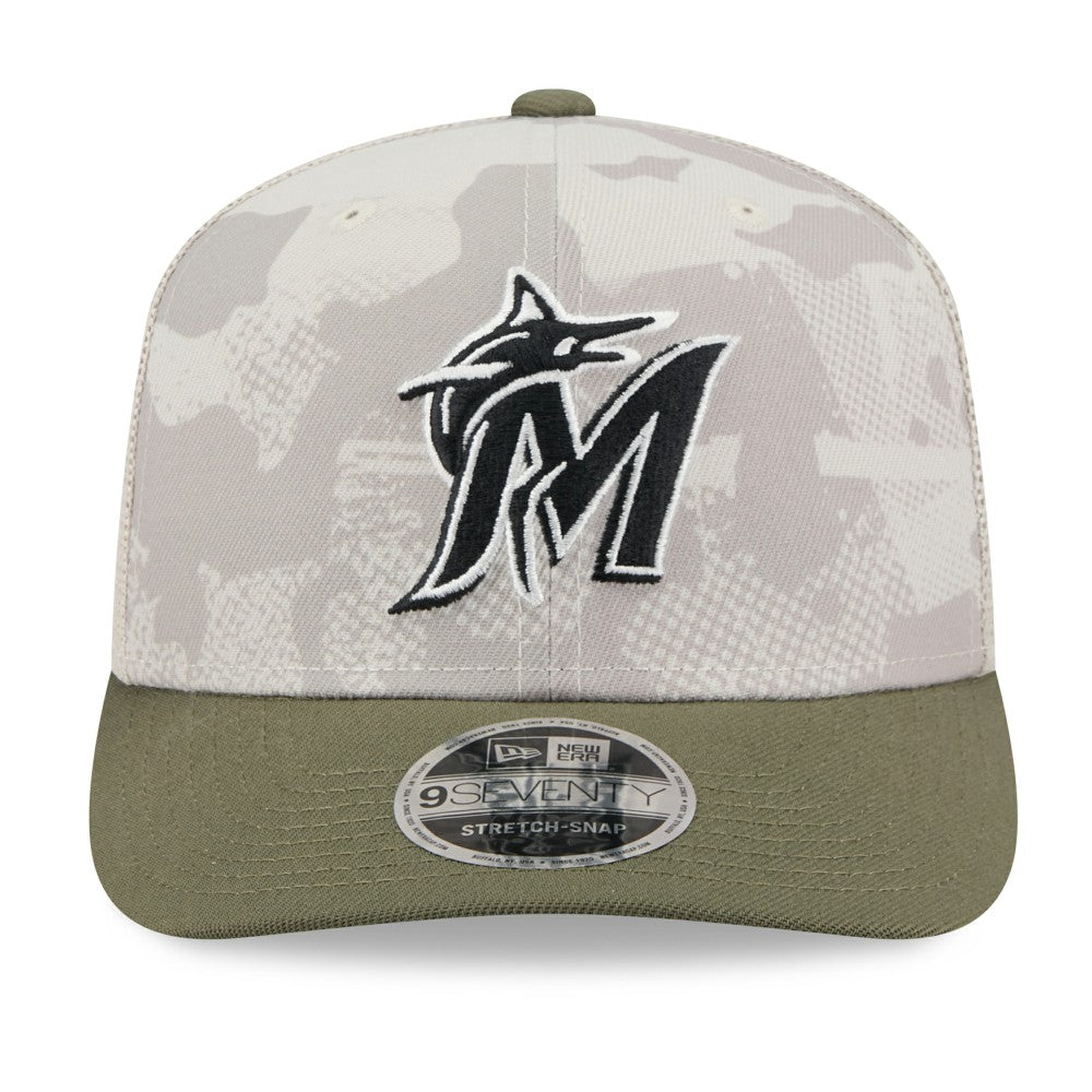 Miami Marlins New Era 2025 Armed Forces Day 9SEVENTY Stretch-Snap Hat - Light Beige/Olive - New Era Lifestyle